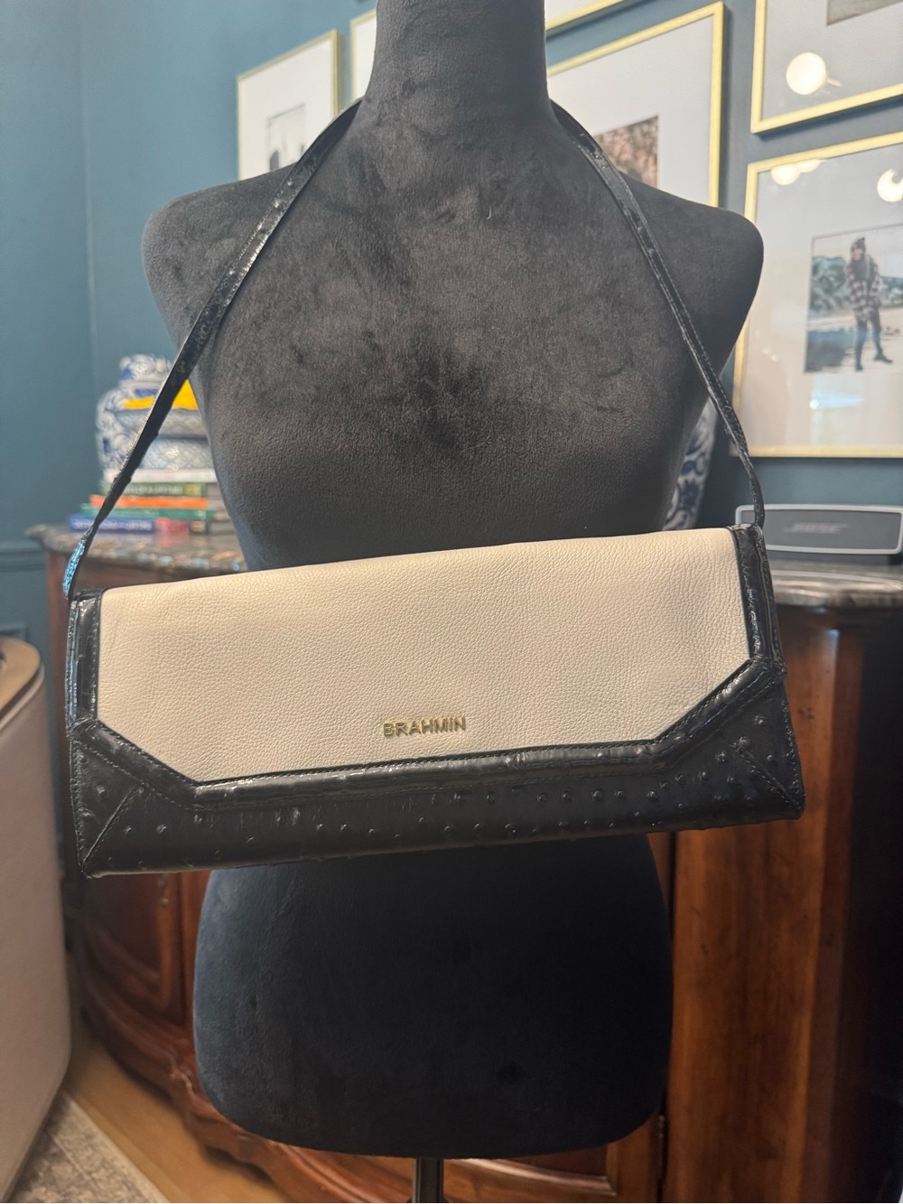 Brahmin Alexis Black & White Envelope Clutch with Gold Logo